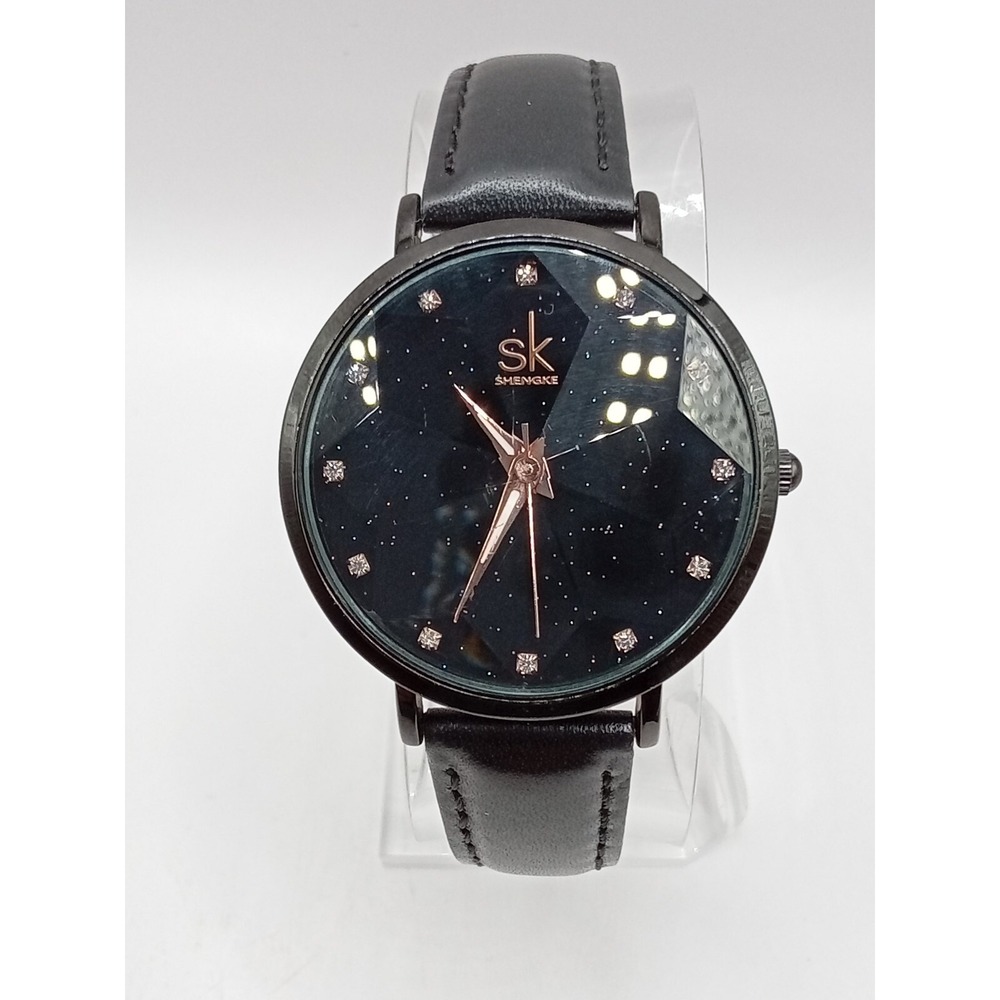 Shengke Women's Black Prism Crystal Leather Band Quartz Watch- New Battery